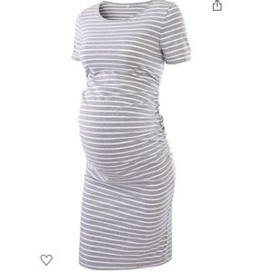 Maternity Grey White Stripe Ruch Bodycon Dress